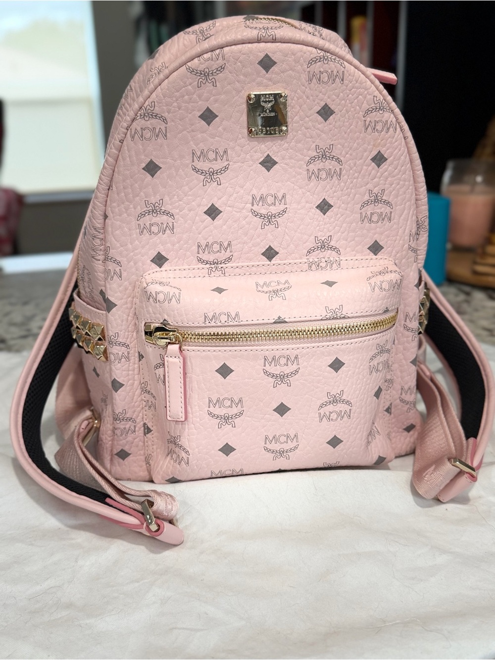 NEVER USED!!!MCM Pink Logo Coated Canvas Mini Backpack with Gold Hardware